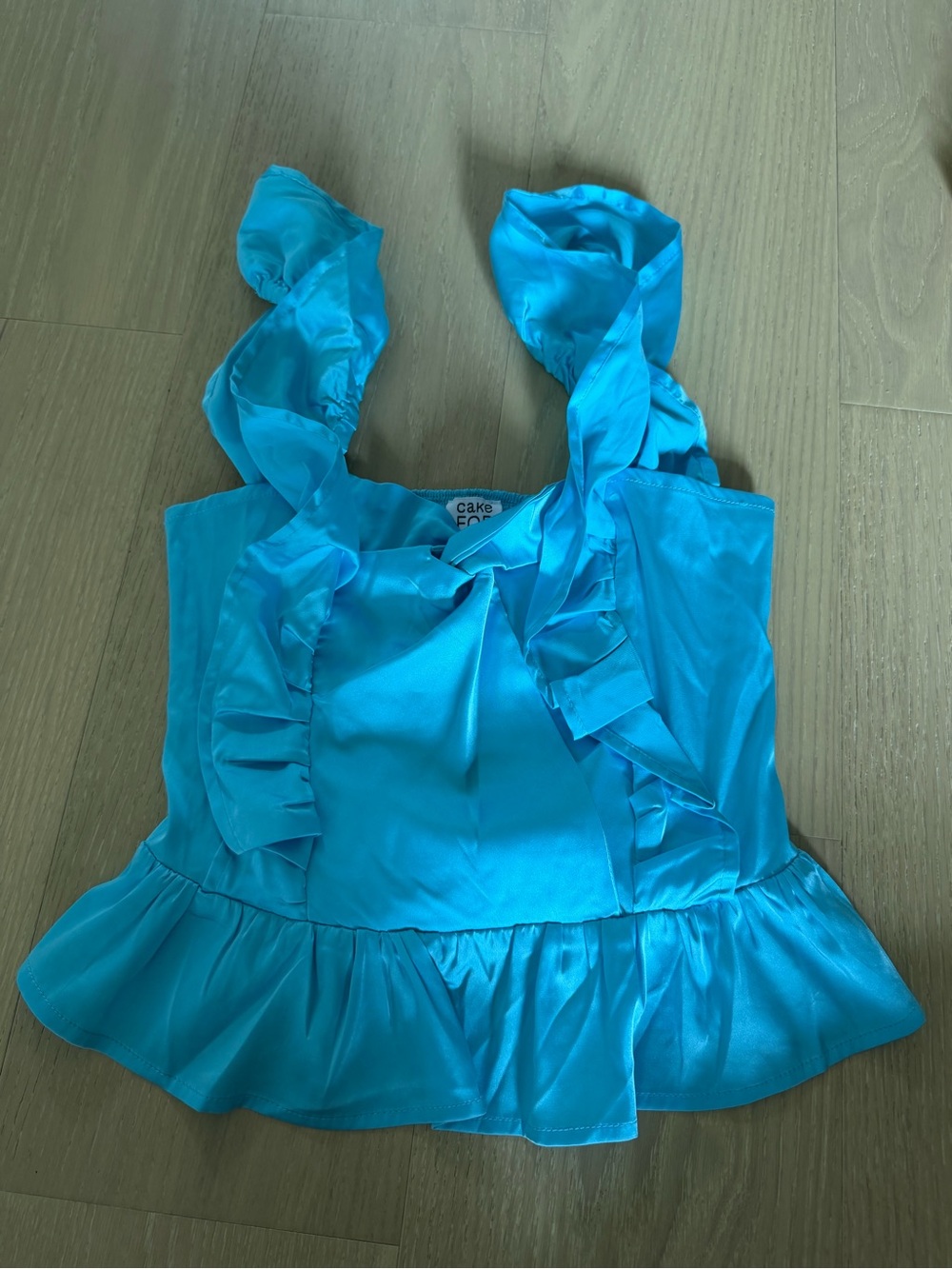 Cake by the Ocean Turquoise Satin Ruffle Tank Top